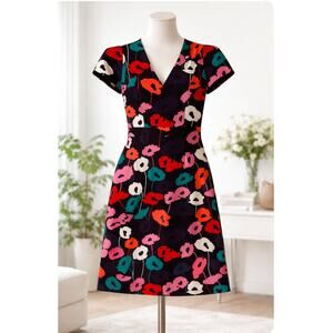 Milly Black Poppy Floral V-Neck Dress Size 4 Lined Short Sleeve Chic